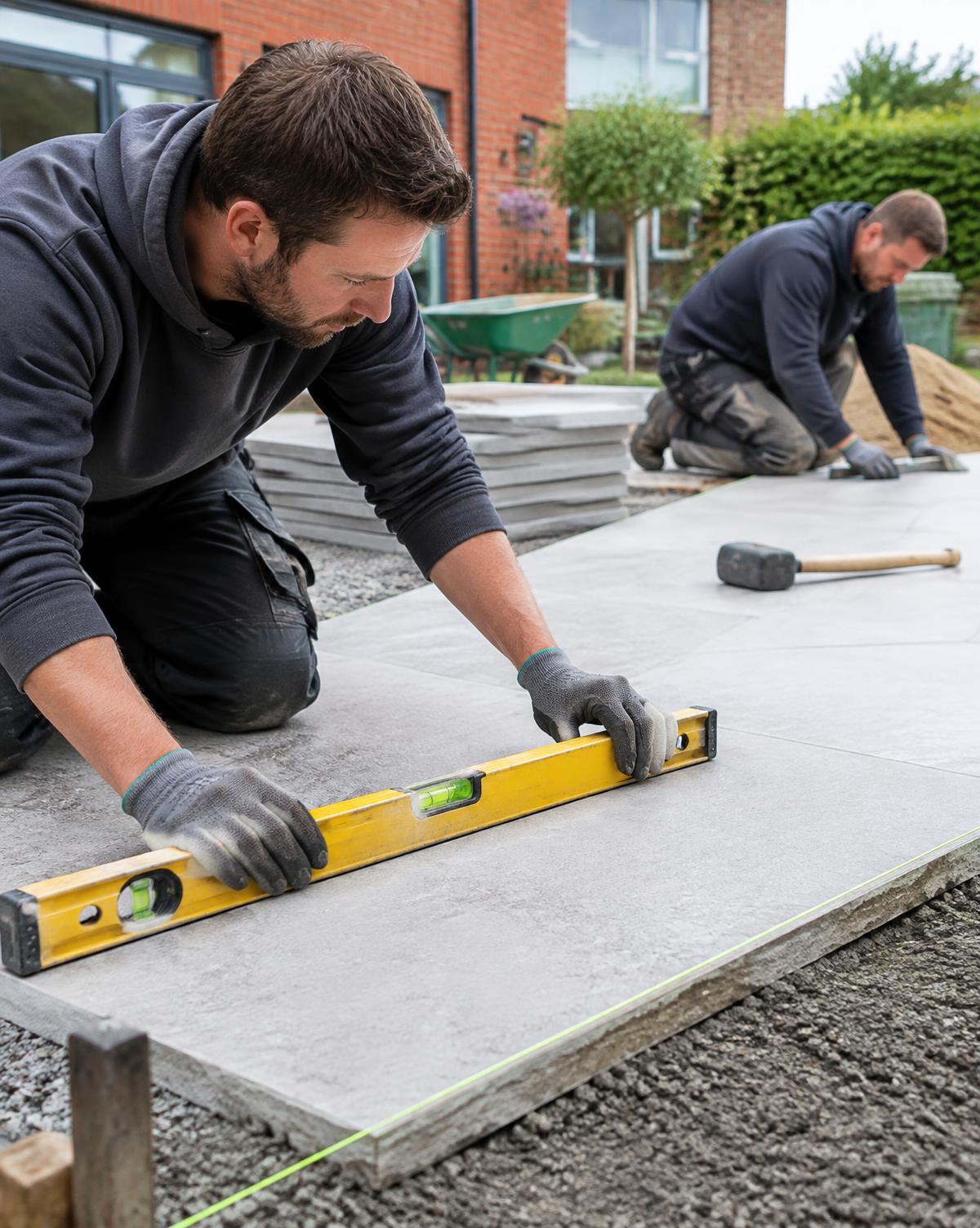 Landscaper checking a natural stone paving slab with a spirit level and string line