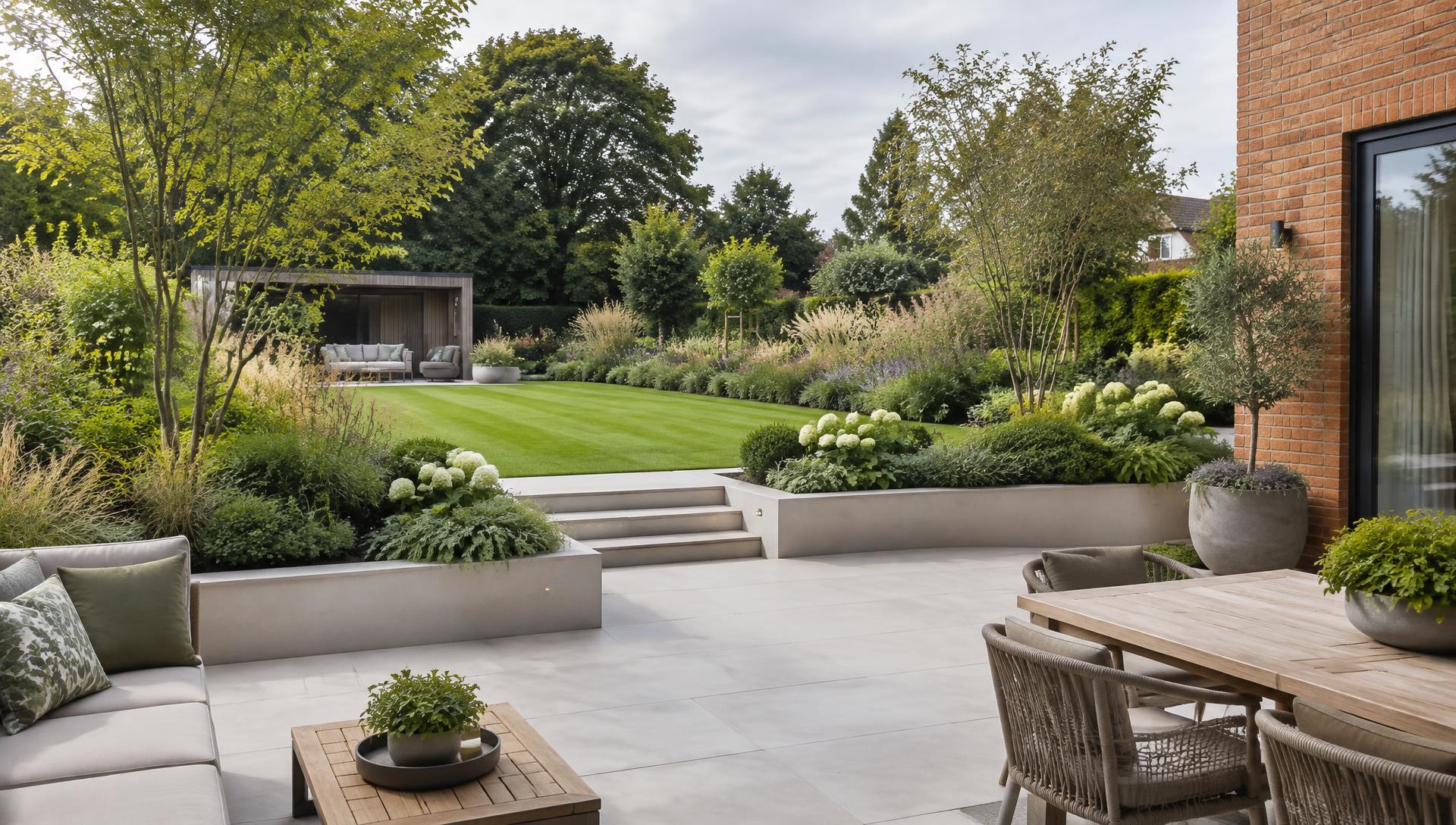 Landscaped British garden in natural daylight with layered planting, a lawn and porcelain terrace