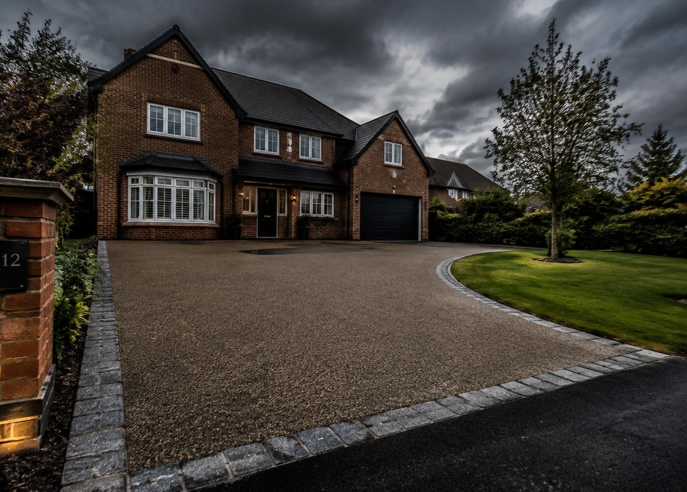 Newly laid resin-bound driveway with granite sett edging in front of a detached brick house